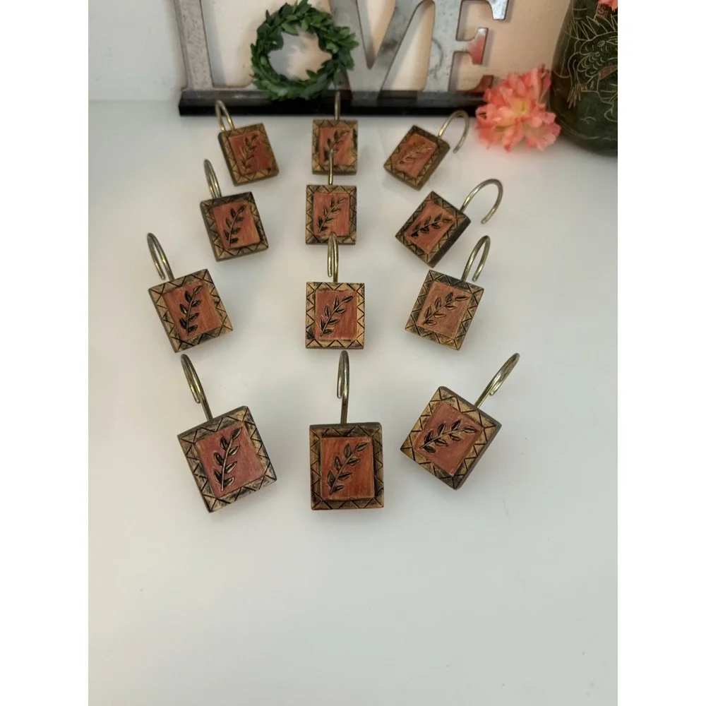 Vintage Rustic Resin Olive Branch‎ Bronze Earth Tones Shower Curtain Hooks 12pk